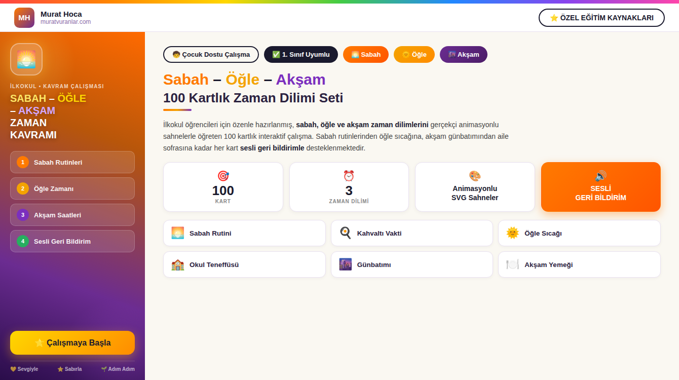 Sabah – Öğle – Akşam Zaman Dilimi | 100 Kartlık İnteraktif Çalışma