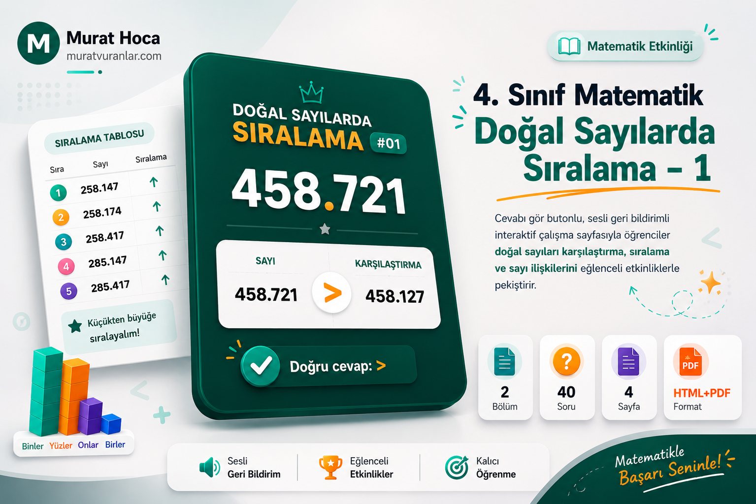 4. Sınıf Matematik Doğal Sayılarda Sıralama Etkinliği | Cevabı Gör Butonlu Çalışma Sayfası