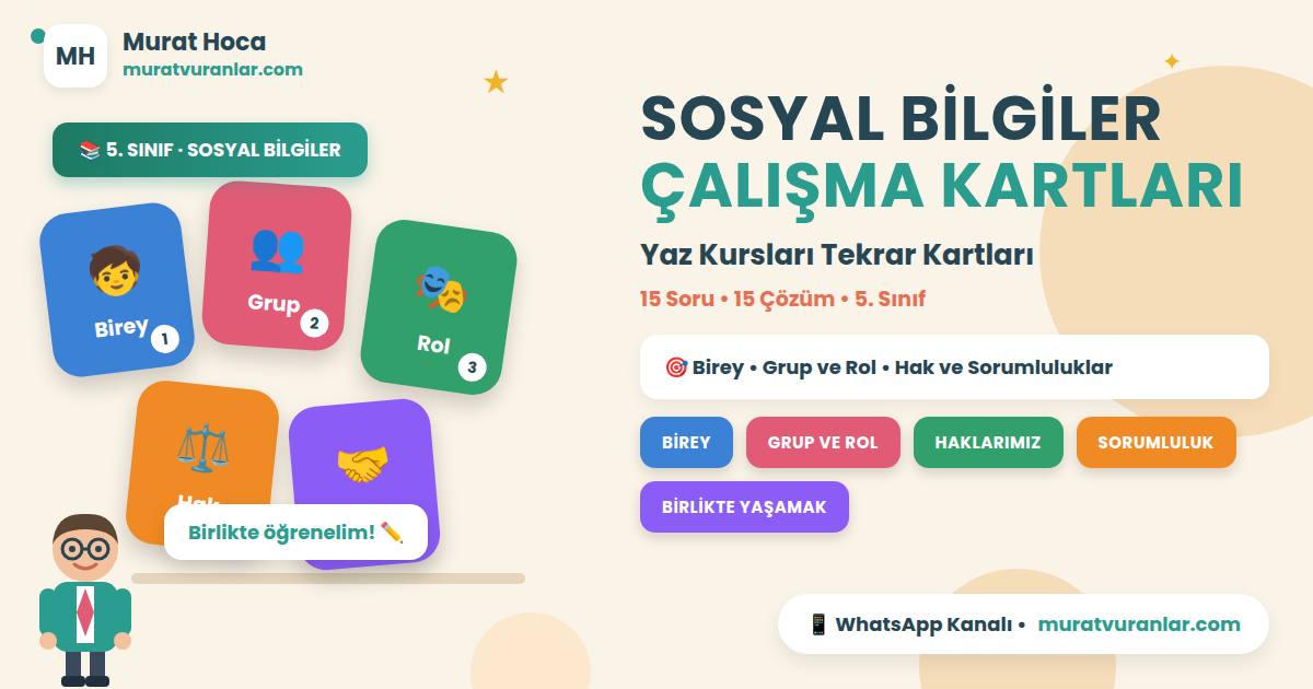 5. Sınıf Sosyal Bilgiler Çalışma Kartları – 15 Soru 15 Çözüm (Yaz Kursu)