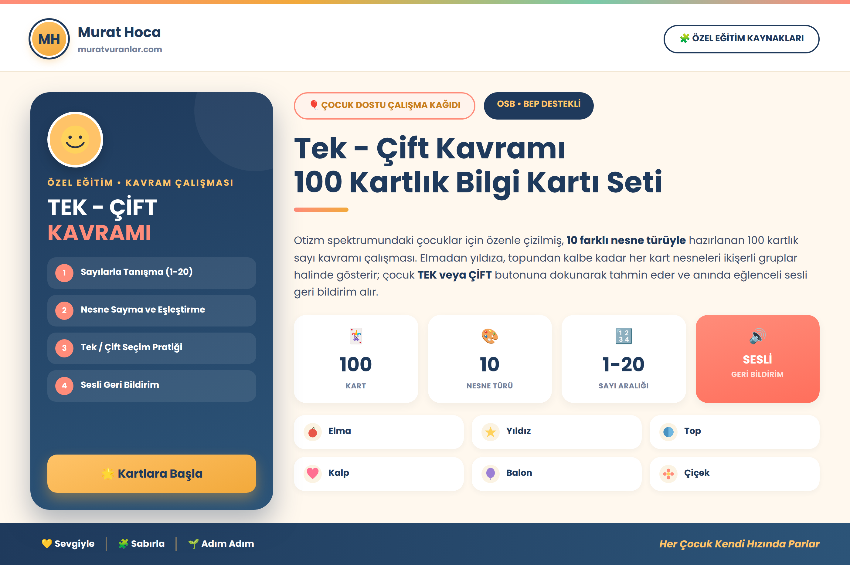 Tek - Çift Kavramı Bilgi Kartları – 100 Kartlık Sesli Kavram Seti