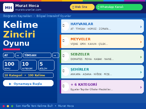 Kelime Zinciri Oyunu – 10 Kategori 100 Kelime