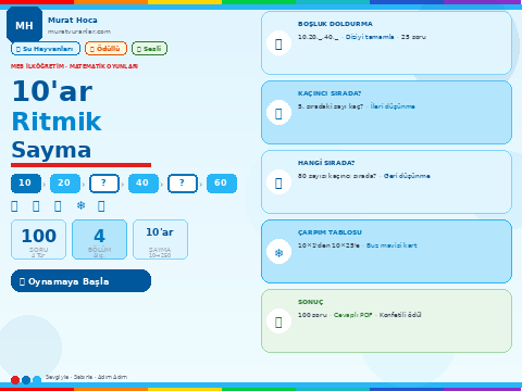10'ar Ritmik Sayma Oyunu – Boşluk Doldur, Sıra Bul, Çarpım Tablosu | İlköğretim Matematik