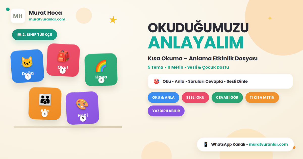 2. Sınıf Türkçe Okuma Anlama Çalışması – Sesli & Yazdırılabilir (11 Metin)