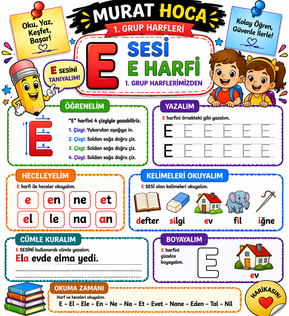 1. Sınıf İlkokuma Yazma: "E" Harfi Kapsamlı Çalışma Fasikülü