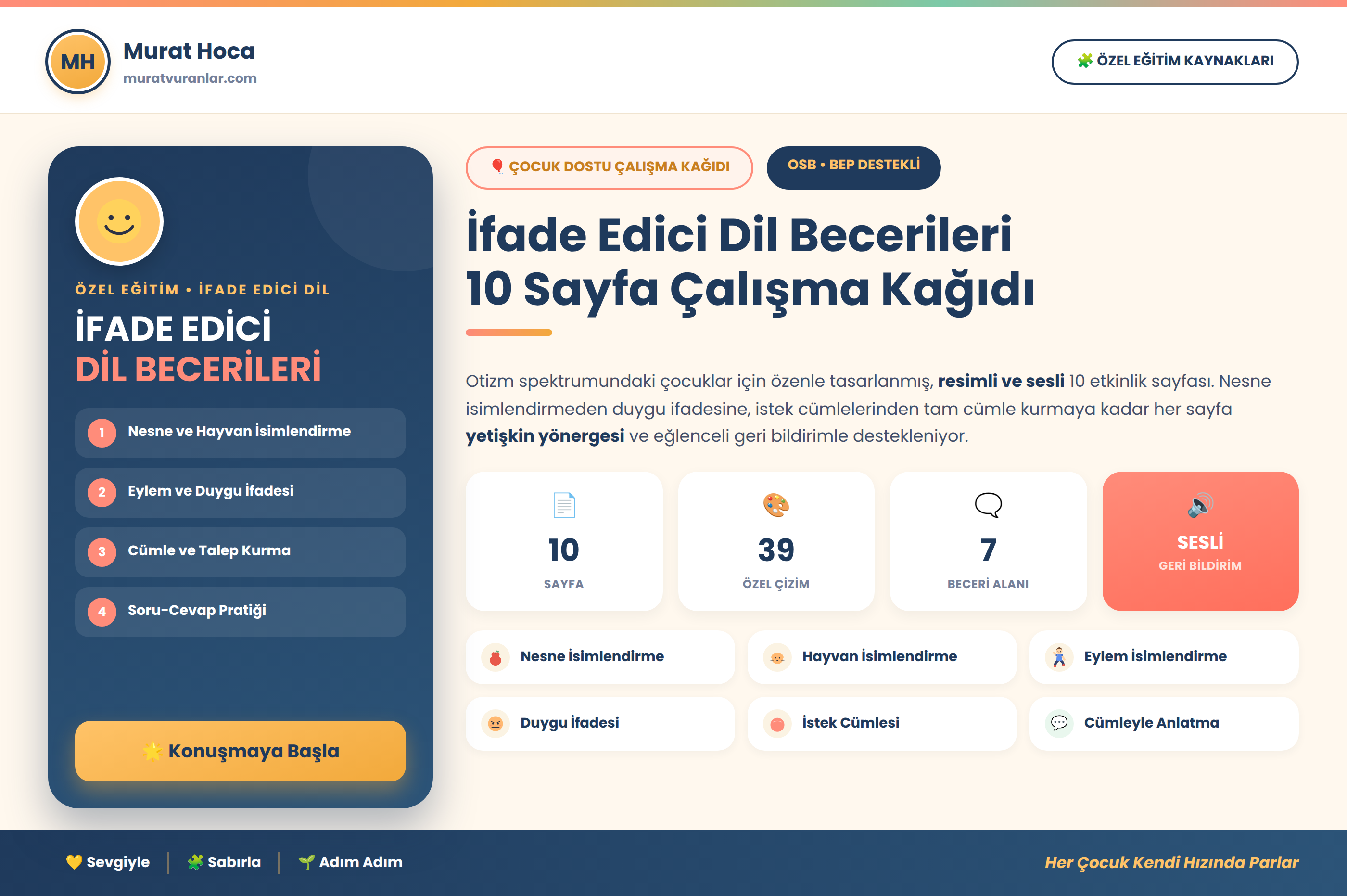 İfade Edici Dil Becerileri Çalışma Kağıtları – 10 Sayfa Resimli Etkinlik Seti