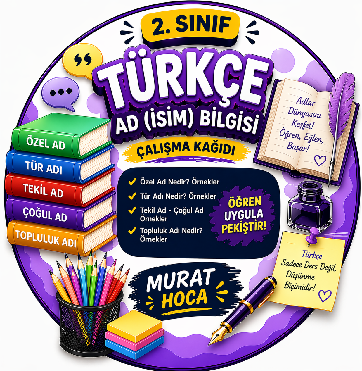 2. Sınıf Türkçe Ad (İsim) 2  Bilgisi Çalışma Kağıdı | Özel Ad, Tür Adı, Tekil, Çoğul, Topluluk Adı