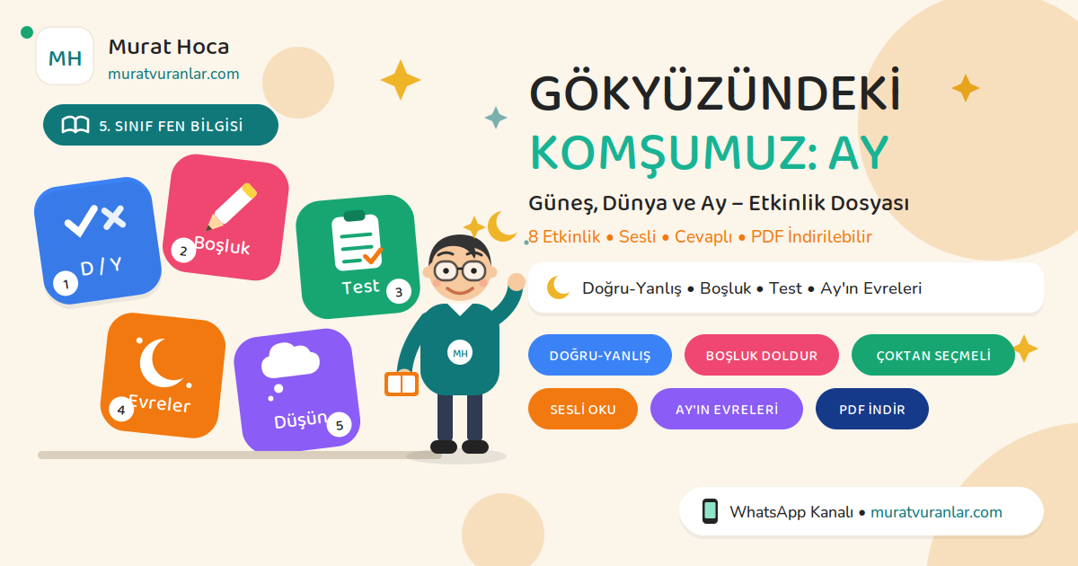 5. sınıf Fen Bilgisi  "Güneş, Dünya ve Ay" ünitesi için etkileşimli Ay etkinlikleri: doğru-yanlış, boşluk doldurma, test ve Ay'ın evreleri. Sesli, cevaplı, PDF indirilebilir.