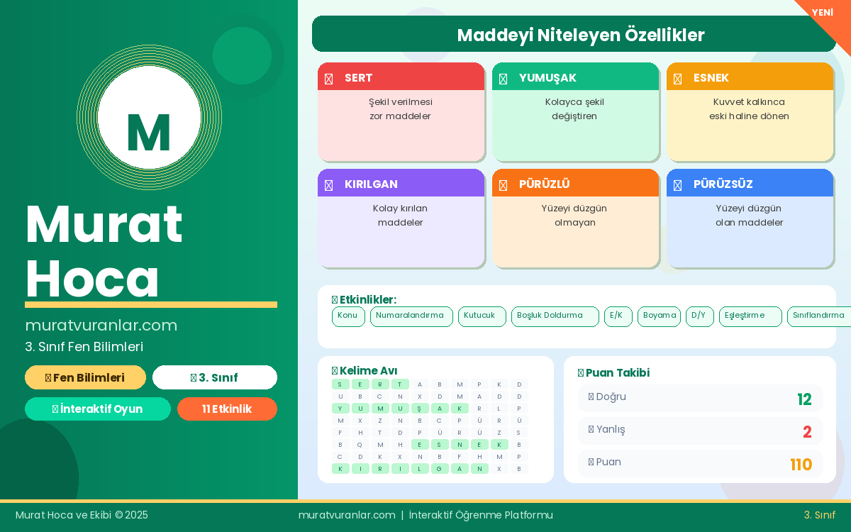 Maddeyi Niteleyen Özellikler | 3. Sınıf Fen Bilimleri İnteraktif Çalışma Kitabı