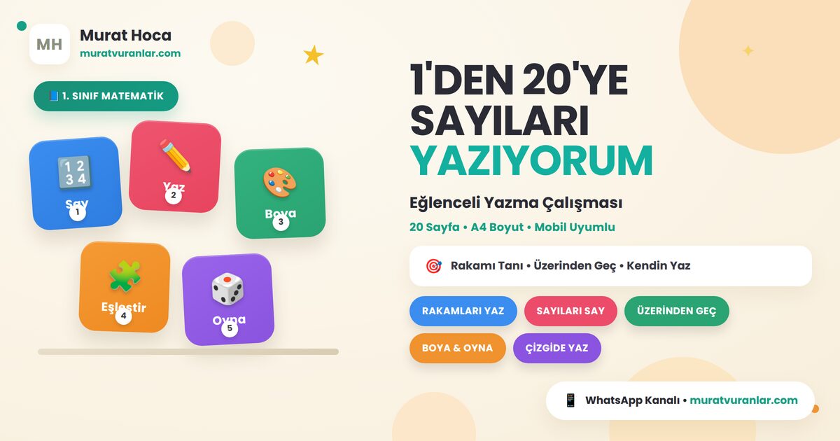 1. Sınıf Sayı Yazma Çalışması – 1'den 20'ye Rakamlar (PDF)