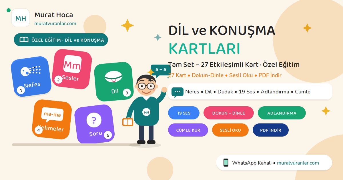 Dil ve Konuşma Kartları – Tam Set: 27 Etkileşimli Kart (Özel Eğitim, Sesli, PDF)