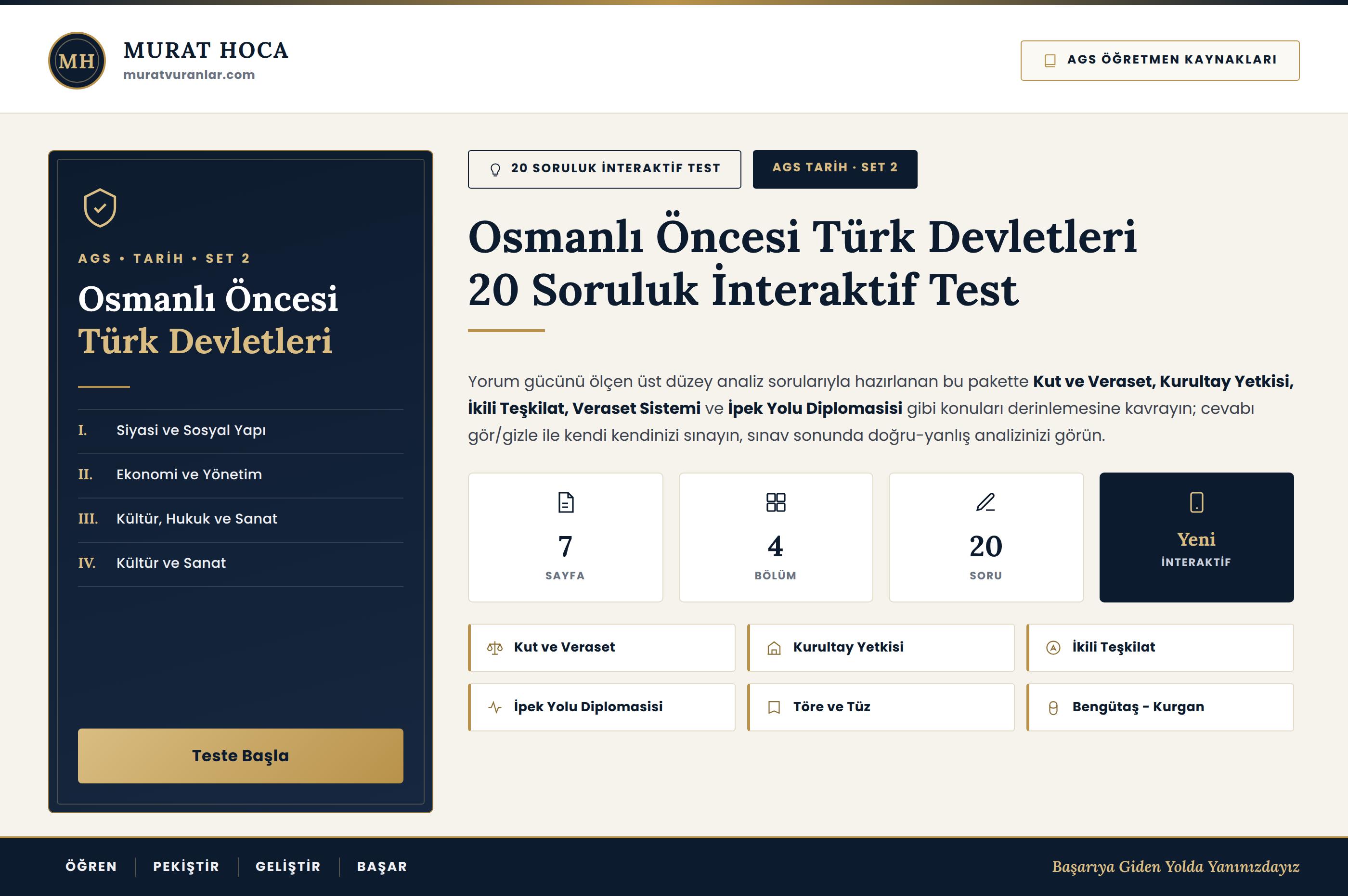Osmanlı Öncesi Türk Devletleri Tarihi – 20 Soruluk İnteraktif Test (Set 2)
