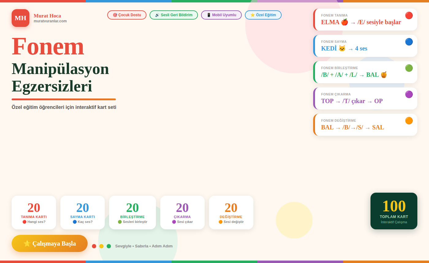 Fonem Manipülasyon Egzersizleri – 100 İnteraktif Kart | Özel Eğitim