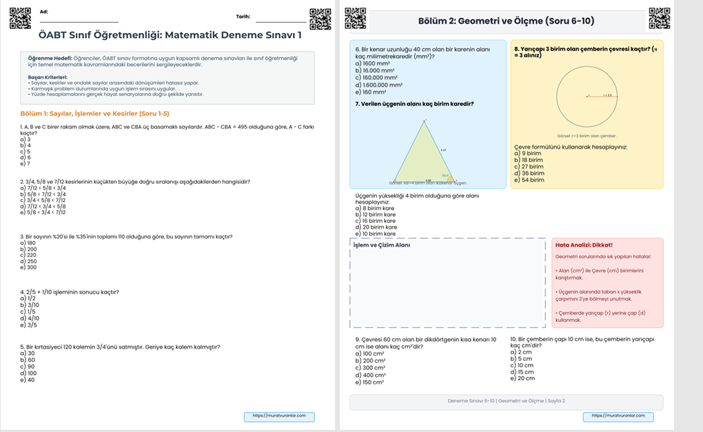 ÖABT Sınıf Öğretmenliği: Matematik Deneme Sınavı 1